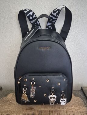 Karl Lagerfeld Paris Black  Backpack with Logo Straps and Charm Accents